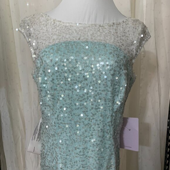 JS Collections CLAIRE Tea Length Sequined Dress Sz 10 Light Aqua Frozen - Picture 4 of 11